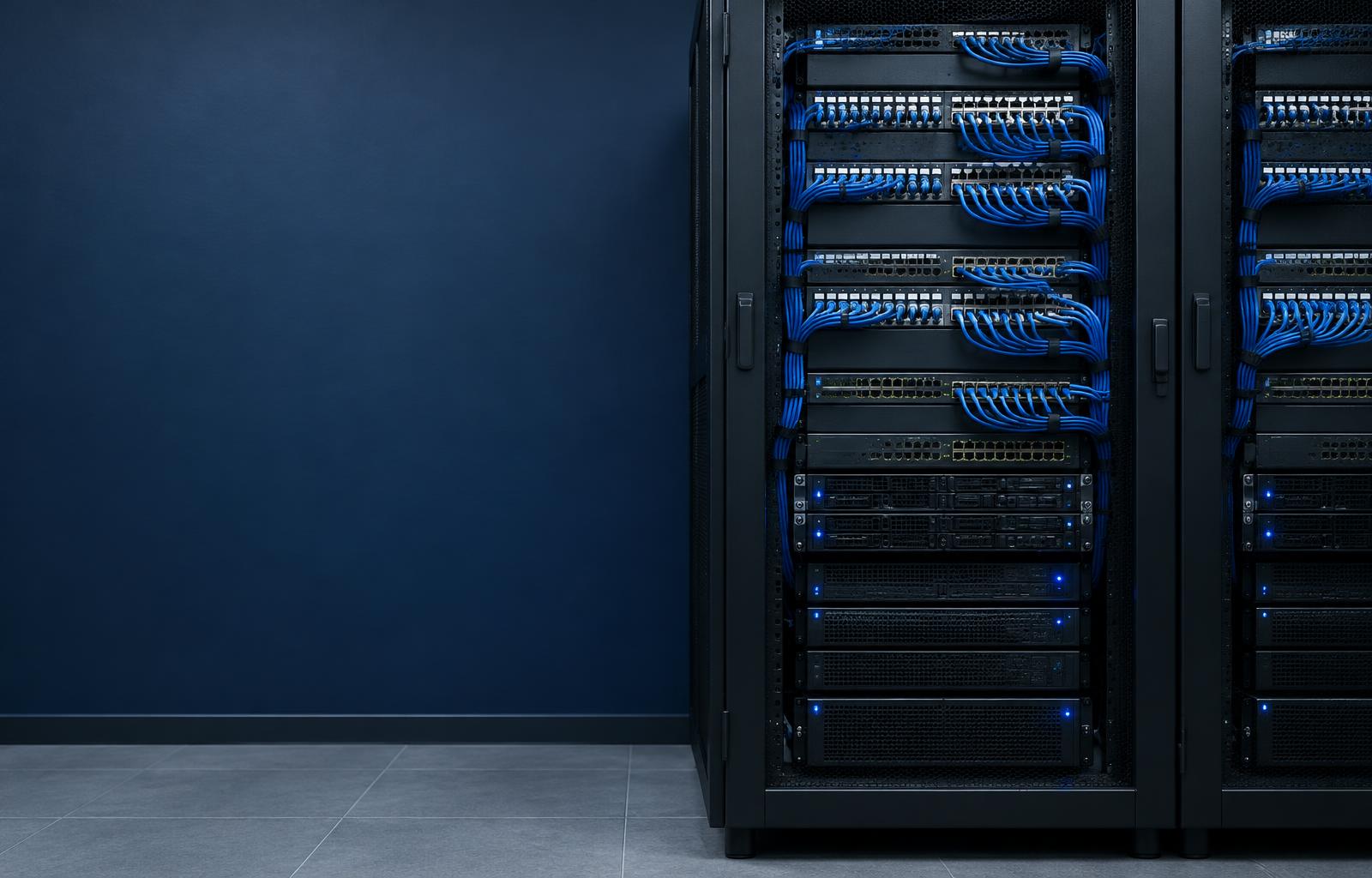 Network switches and neatly organised cabling in server racks
